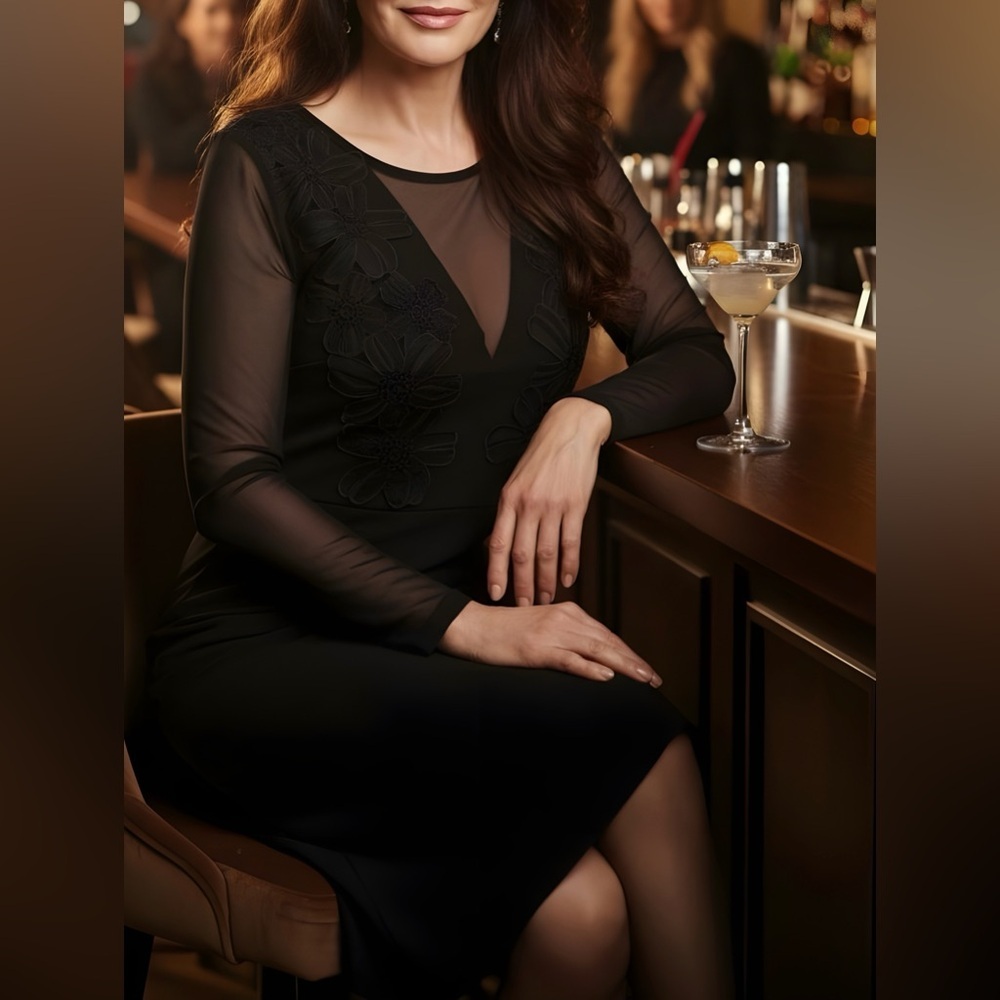 Elegant Illusion Black Floral Embroidered Lace Curve Long Sleeves Cocktail Dress